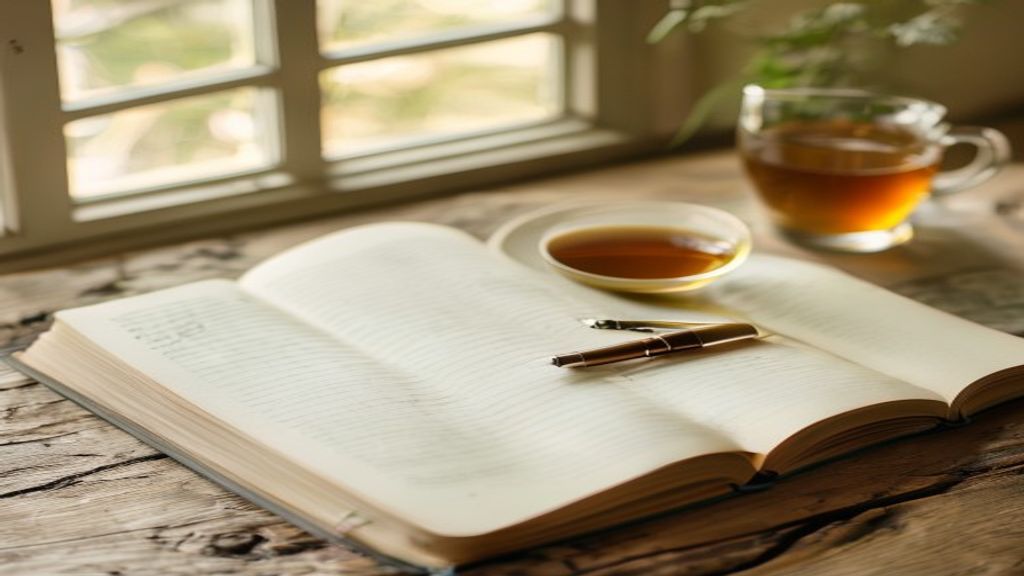 An open notebook with handwritten notes, a pen, and a cup of tea on a natural wooden surface
