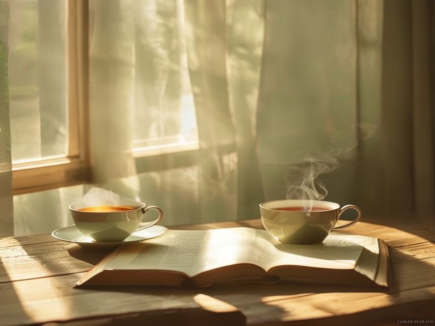 Warm evening light filtering through a window, casting long shadows across a wooden table