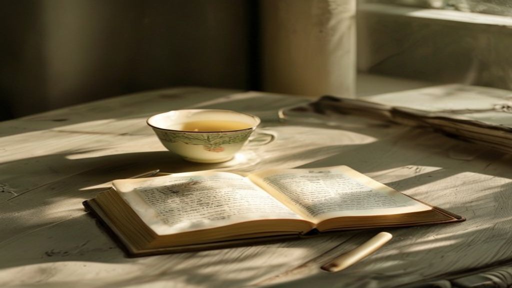 Warm candlelight on a wooden table with an open journal and pen, creating soft shadows